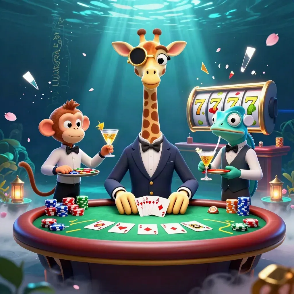 Giraffe high roller, monkey valet, and chameleon bartender amid glowing chips and cards.