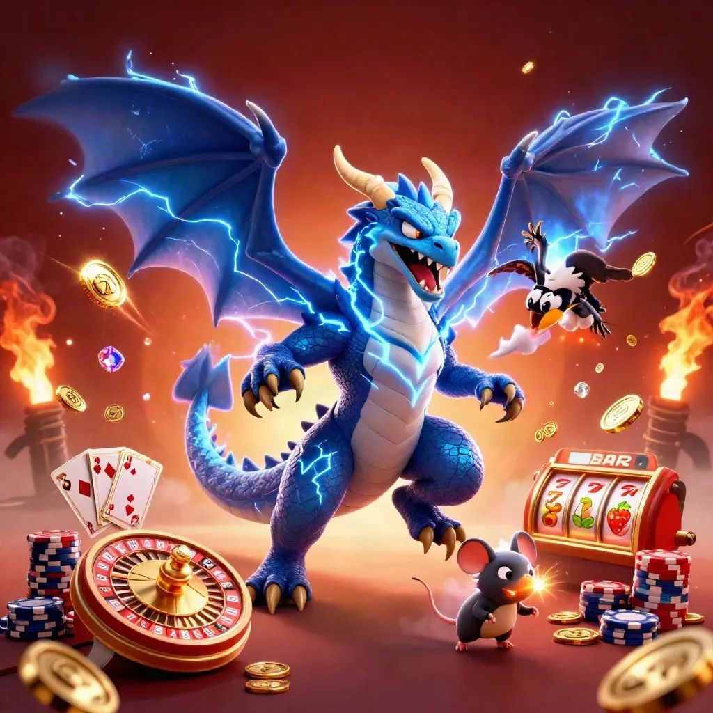 Thunder dragon, wind hawk, and static mouse amid coins, cards, chips, and a spinning roulette wheel.