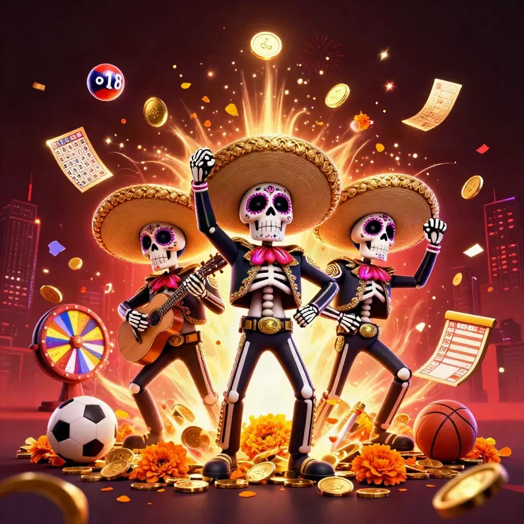 Skeleton mariachi trio amid vault burst, coins, lottery balls, prize wheel, and sports betting energy