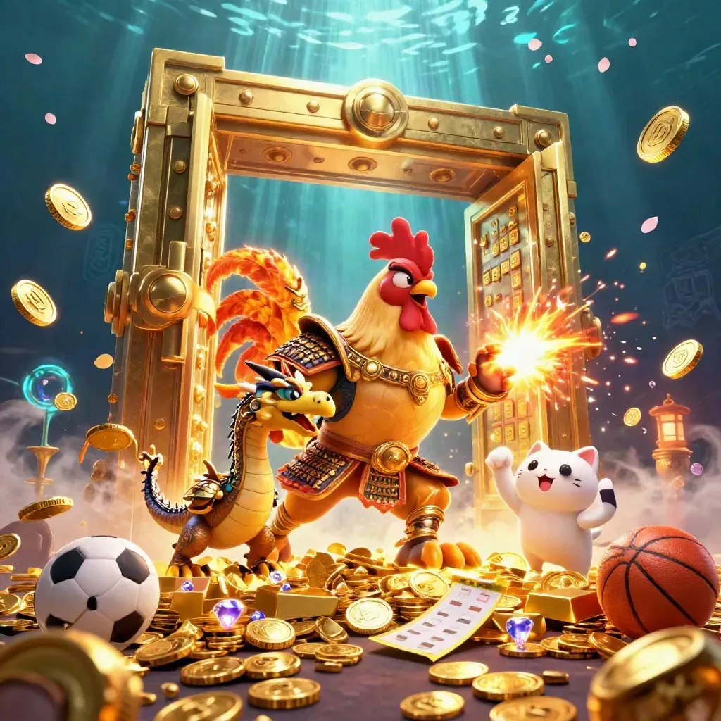 Rooster warrior, dragon hatchling, and fortune-cat burst from a gold vault amid coins and fireworks.