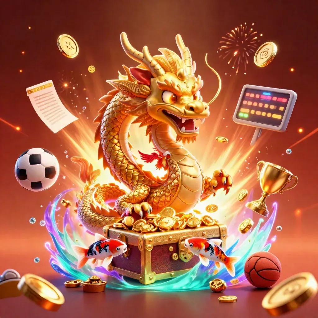 Golden dragon, phoenix, koi, coins and sports balls burst from a treasure chest in neon casino style.