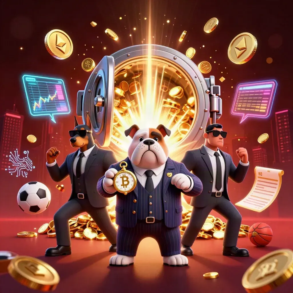 Bulldog boss and Doberman guards amid vault gold, coins, lightning, sports-bet energy
