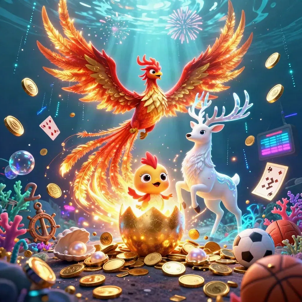 Phoenix, stag and baby phoenix burst through gold coins in an underwater treasure cove.
