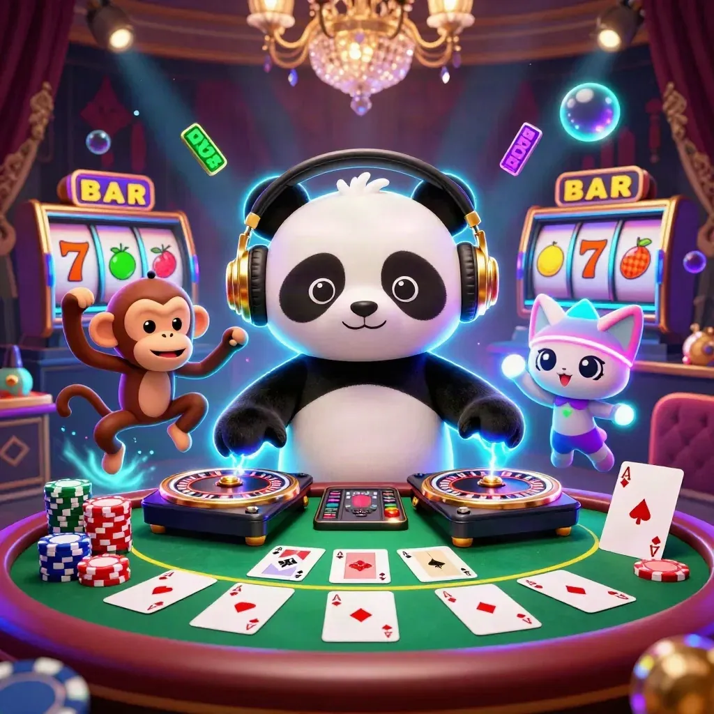 Panda DJ, breakdancing monkey, and rave kitten amid neon casino chips, cards, and reels.