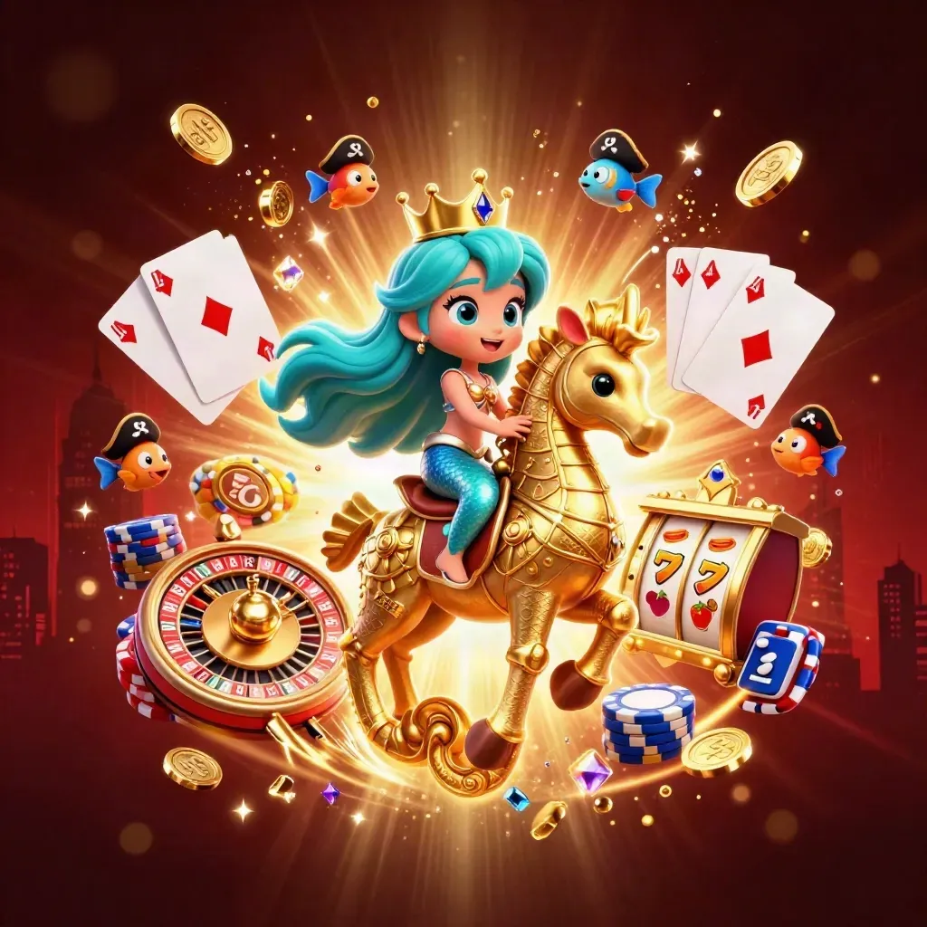 Mermaid princess on armored seahorse amid coins, chips, cards, and pirate fish.