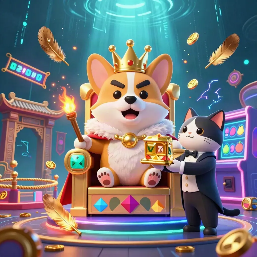 Royal corgi and cat butler on chips amid slot reels, coins, and electric blue casino energy.