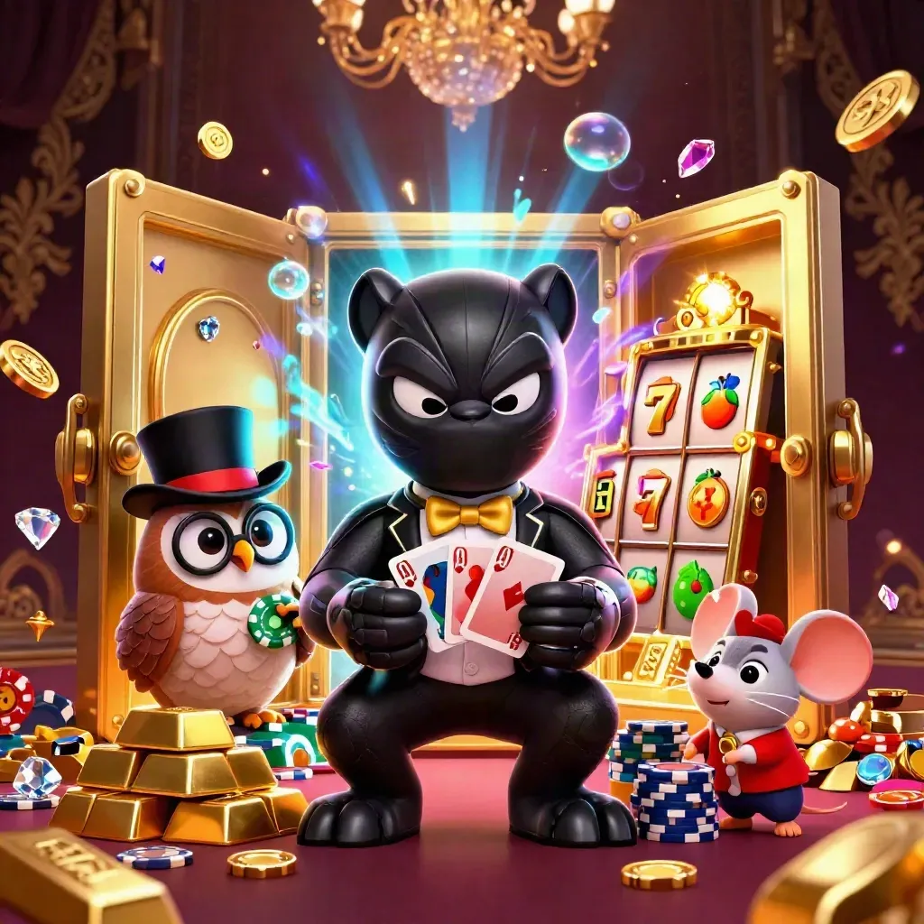 Black panther, owl, and mouse in a luxe casino vault scene with neon glow and chips.