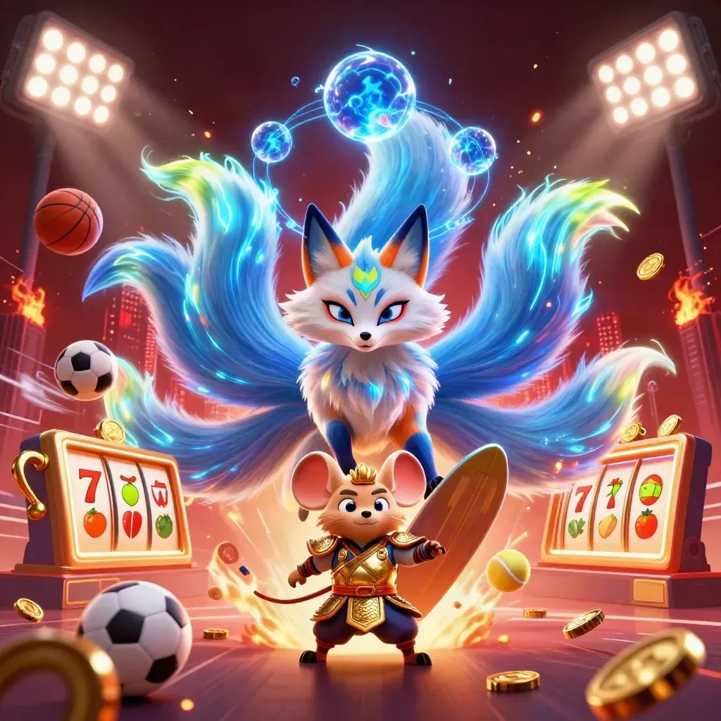 Neon fox spirit and golden mouse knight amid casino sports effects on a dark red skyline.