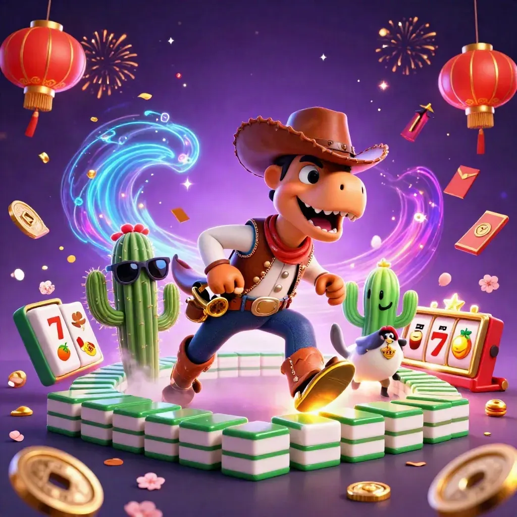 Cowboy T-Rex, cactus sidekick, and roadrunner amid neon casino symbols and electric sparks.