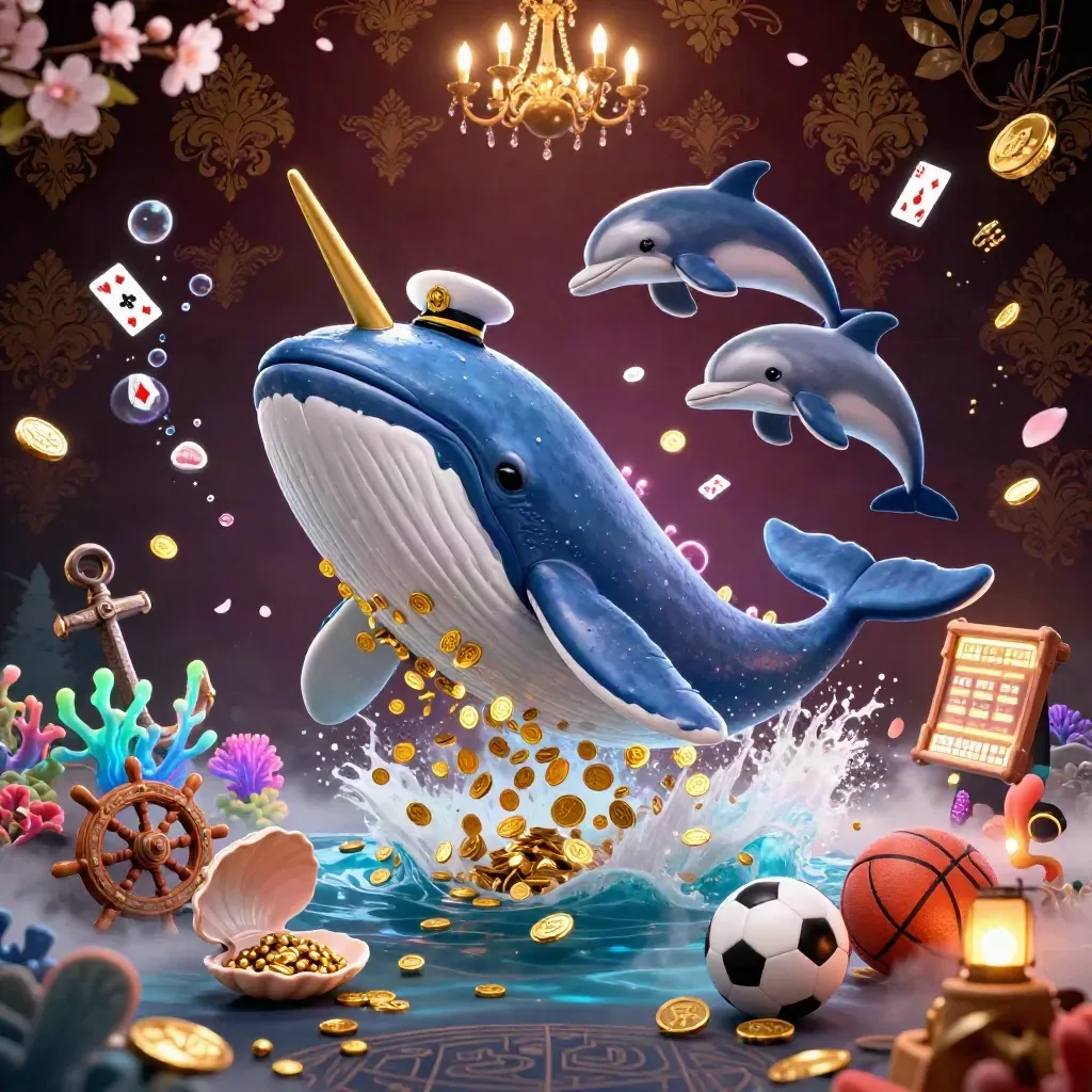 Whale captain, narwhal, and dolphins amid coin showers and neon casino treasure.