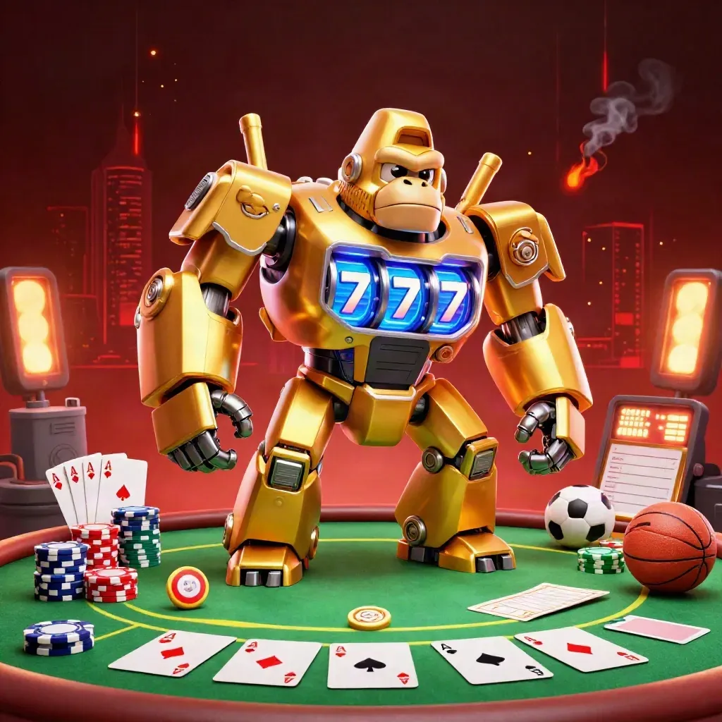 Golden gorilla mech and tiny monkey pilot amid chips, cards, balls, sparks and neon casino lighting.