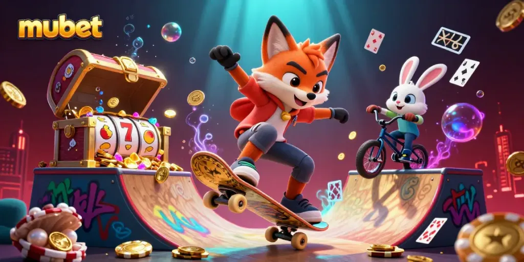 Mubet embodies thrilling action with a 3D cartoon fox and rabbit showcasing casino excitement over a ramp of golden poker chips.