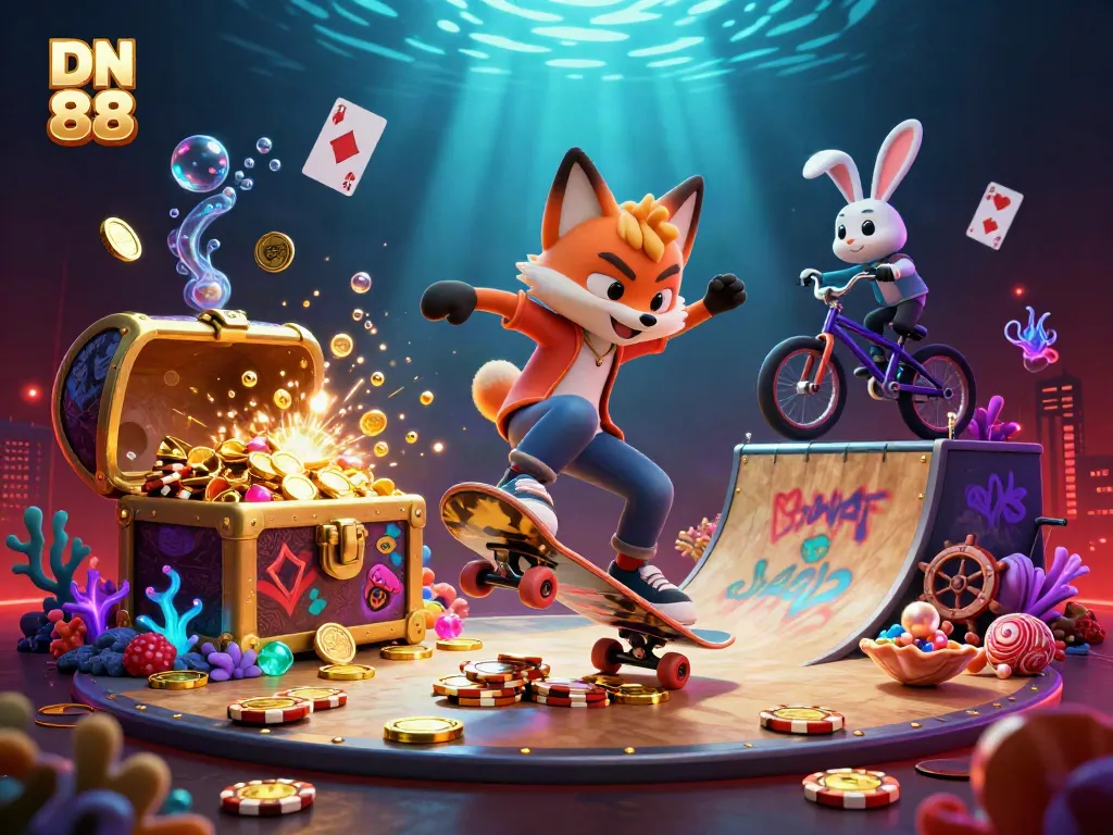 Experience the thrilling world of DN 88 with vibrant characters and rich casino elements in this dynamic 3D illustration.
