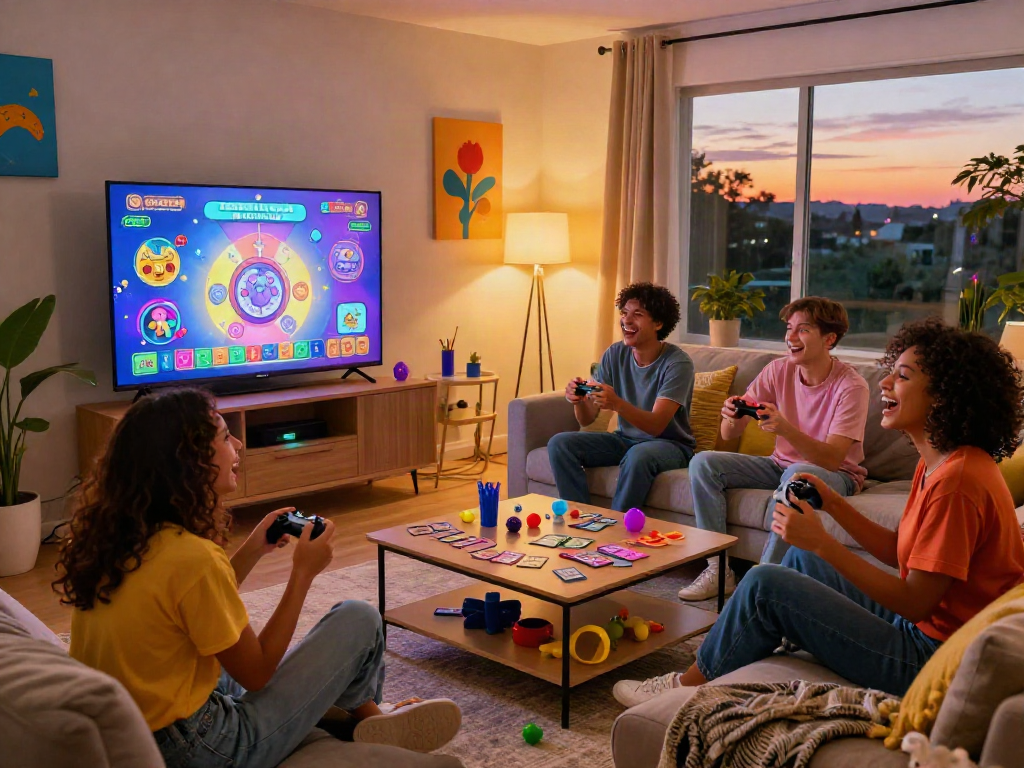 Friends engaged in an exciting sex game during game night in a cozy living room.