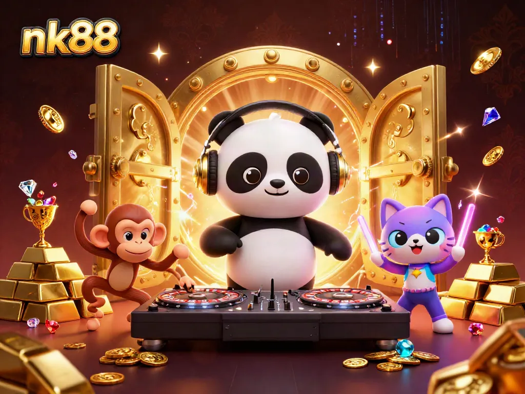 Engage with the vibrant nk88 online casino experience featuring a DJ panda and lively characters.