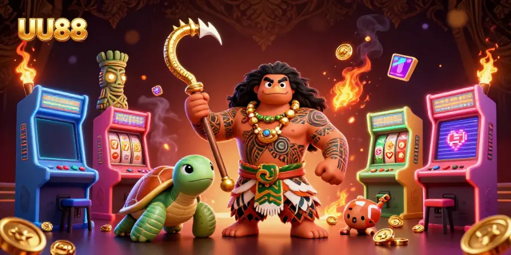 Engage with UU88's vibrant online casino illustrated scene featuring exciting gaming elements.