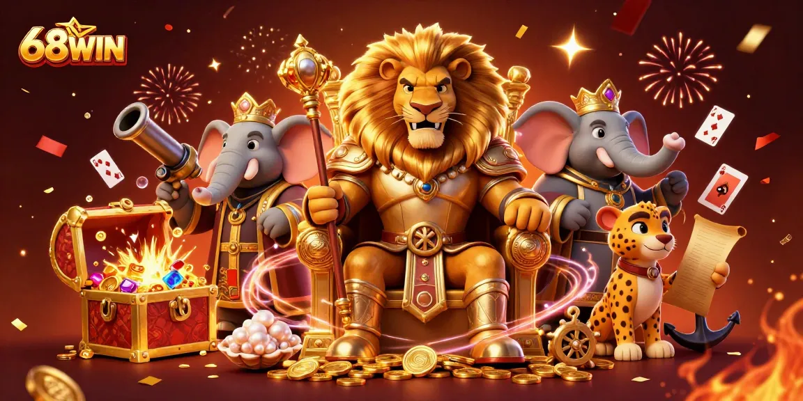 Experience the thrilling excitement of 68WIN with a dynamic 3D illustration of a lion king and casino elements.