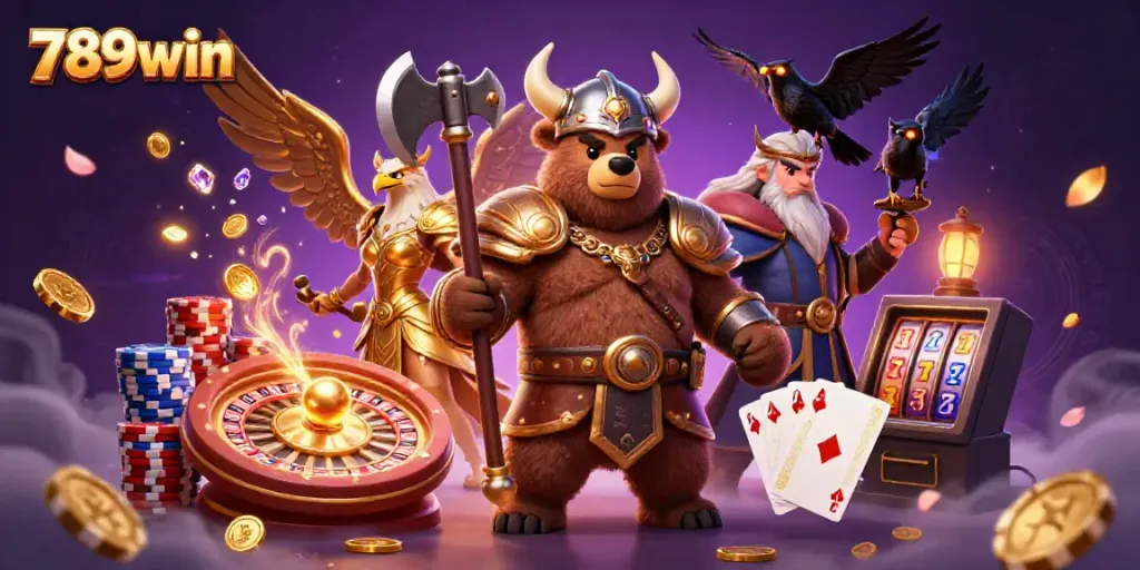Engage with 789win gaming thrill featuring Viking bear, Valkyrie eagle, and rich casino elements.