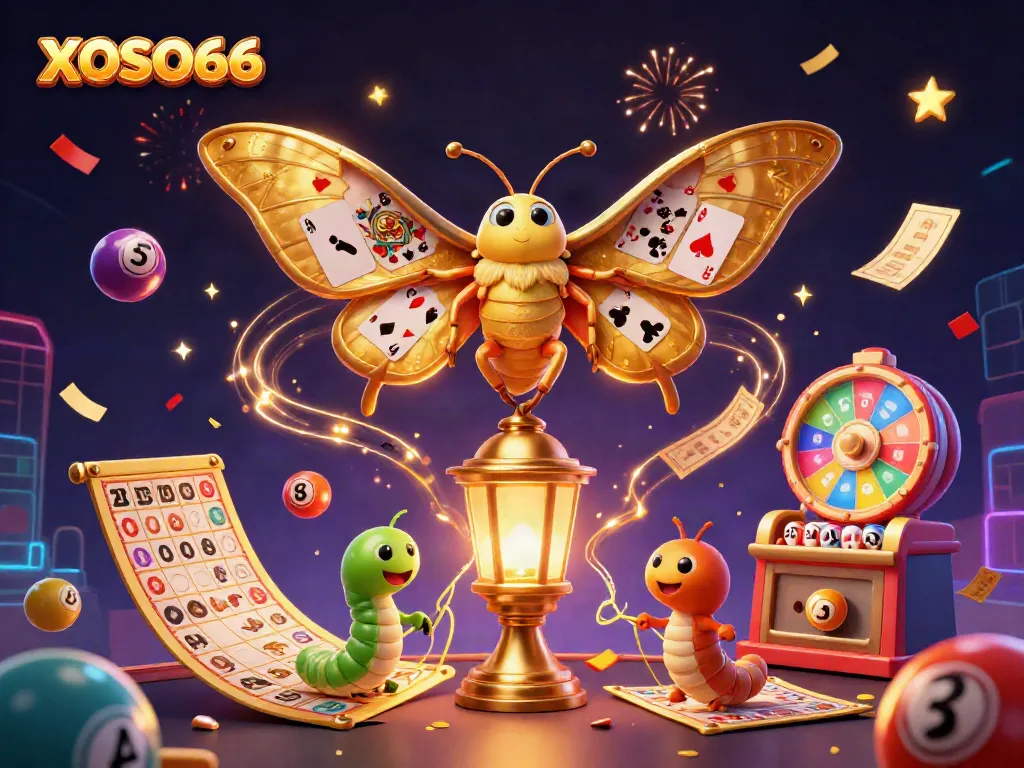 XOSO66 features vibrant 3D casino scene with a golden-moth symbolizing luck amidst various gaming elements.