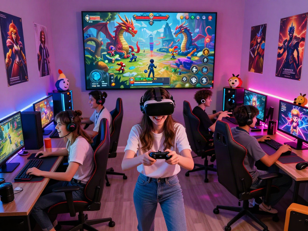 Interactive gaming scene featuring players enjoying a porn game in a vibrant lounge.