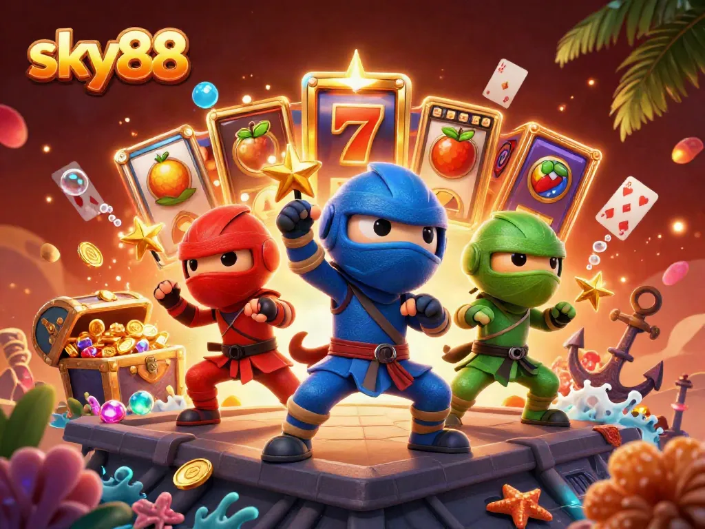 Sky88 offers an exciting 3D chameleon team battling through an action-packed casino scene, showcasing thrilling gaming elements.