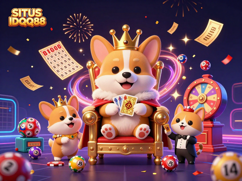 SITUS IDQQ88 highlights a lively lottery scene with a royal corgi, cat butler, and vibrant game elements.