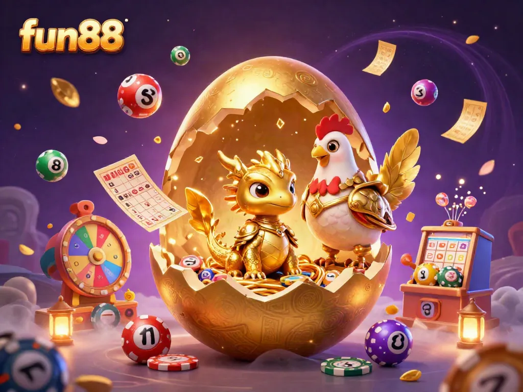 Experience thrilling fun88 moments with a golden dragon amid vibrant lottery balls and casino excitement.