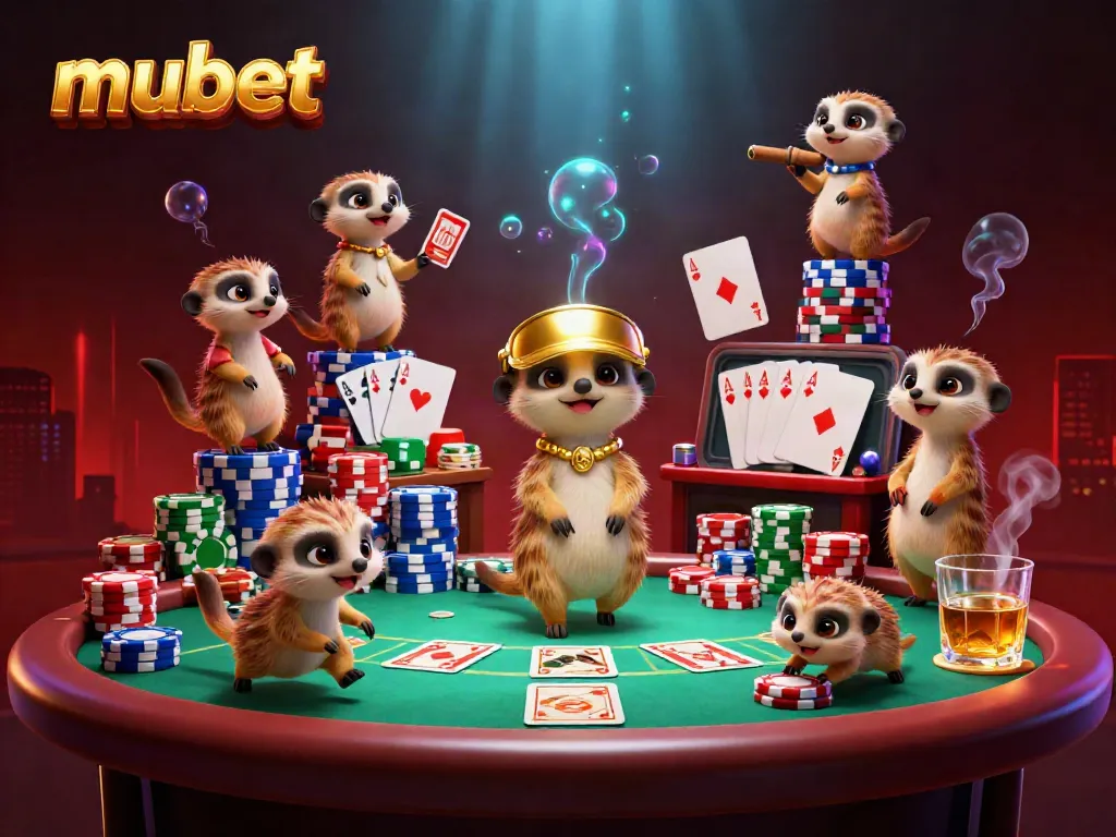 Engage in the thrilling casino environment of mubet, featuring meerkats managing games amid colorful poker chips and vibrant decor.