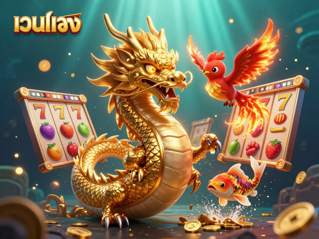 Spin the reels of เว็บตรง slots with a golden dragon and koi fish in a dynamic casino scene.