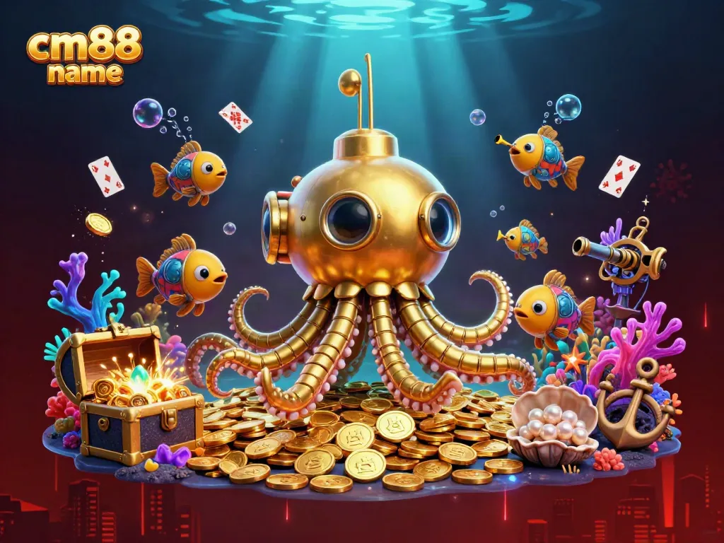 Experience thrilling action at cm88 name with a golden kraken submarine and treasure-laden scene, capturing the excitement of online gaming.