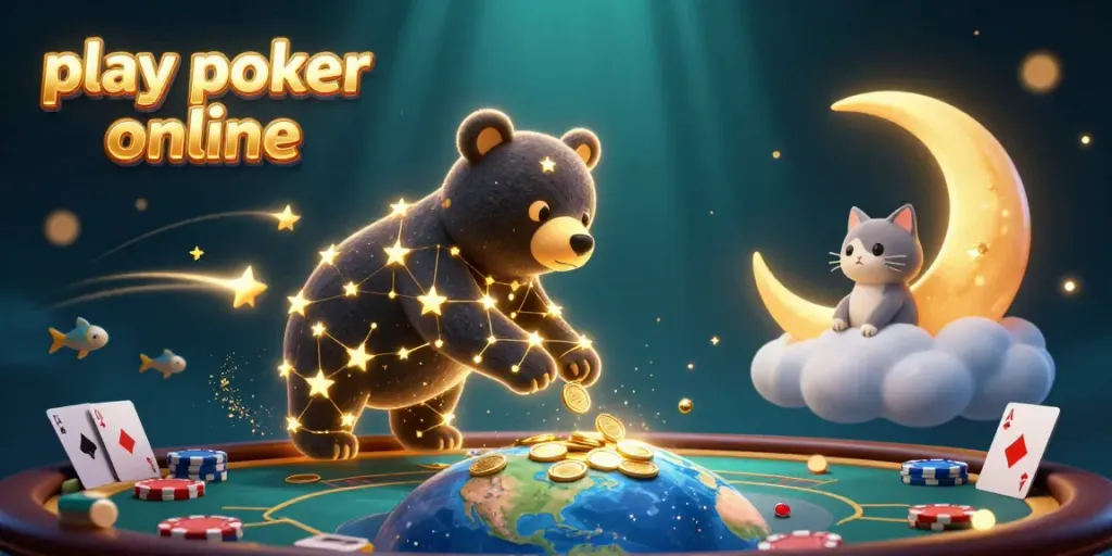 Play poker online with exciting characters and vibrant casino elements in a 3D illustration.