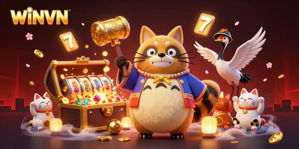Engaging WINVN illustration with a cheerful tanuki and fortune elements representing a vibrant casino experience.