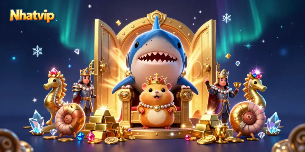 Nhatvip enhances gamers' experiences with a dynamic scene of a regal hamster king in a treasure-filled underwater realm.