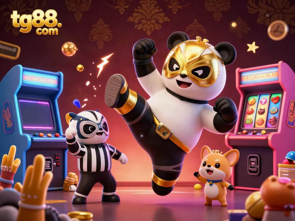 Engage with popular games on tg88. com featuring a cartoon panda wrestling amidst dazzling casino themes.