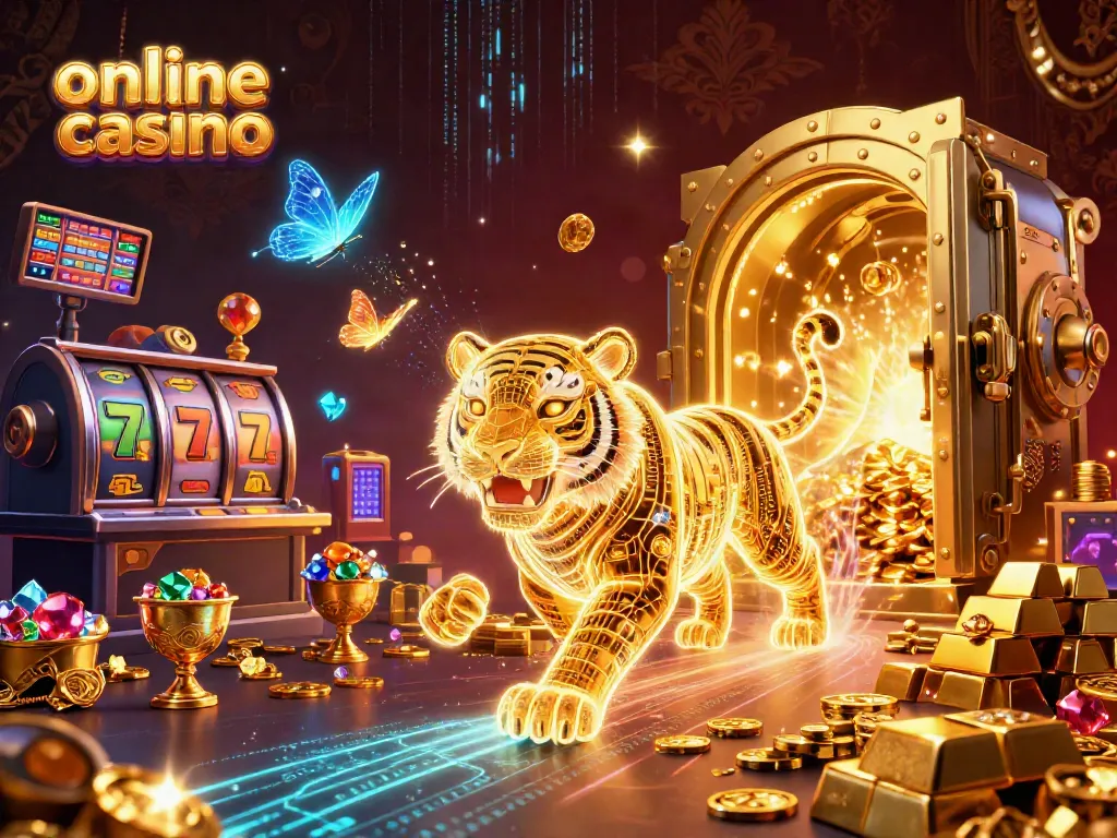 Experience the vibrant world of an online casino with a neon tiger and rich gaming elements.