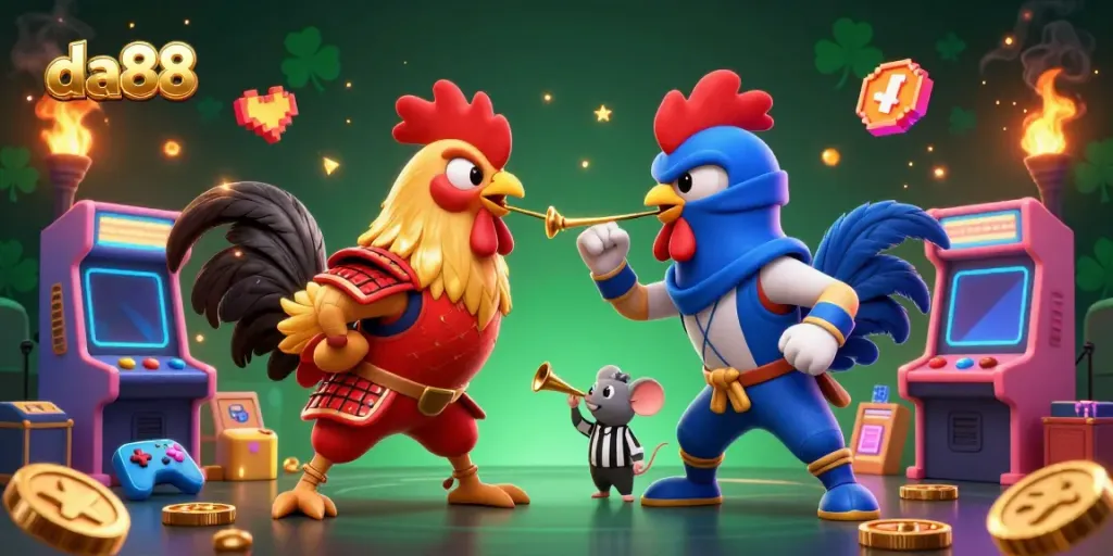Experience the thrilling da88 action with a dramatic duel between cartoon roosters, surrounded by vibrant casino elements.