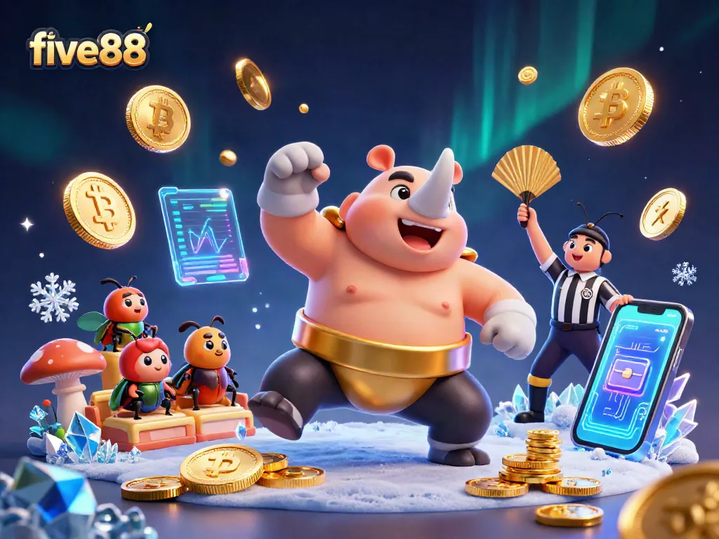 Engage in the thrilling five88 gaming environment with a sumo champion stomping gold coins and showcasing crypto excitement.