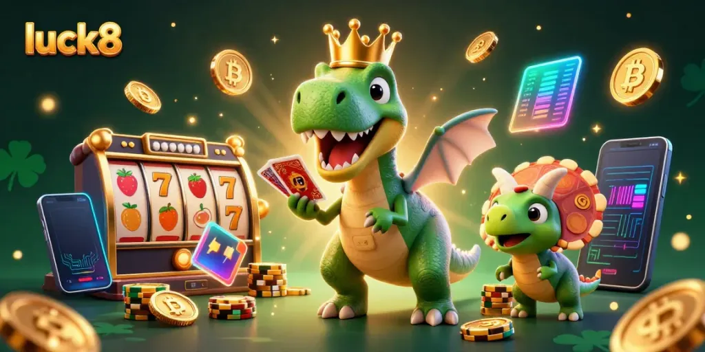 Engage with luck8's lively 3D casino scene featuring a T-Rex, pterodactyl, and triceratops amidst slot machines and crypto elements.