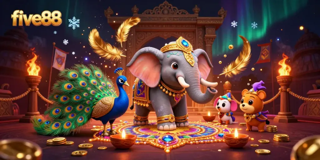 Experience the vibrant five88 casino world with ornate elephants, gems, and gambling elements.