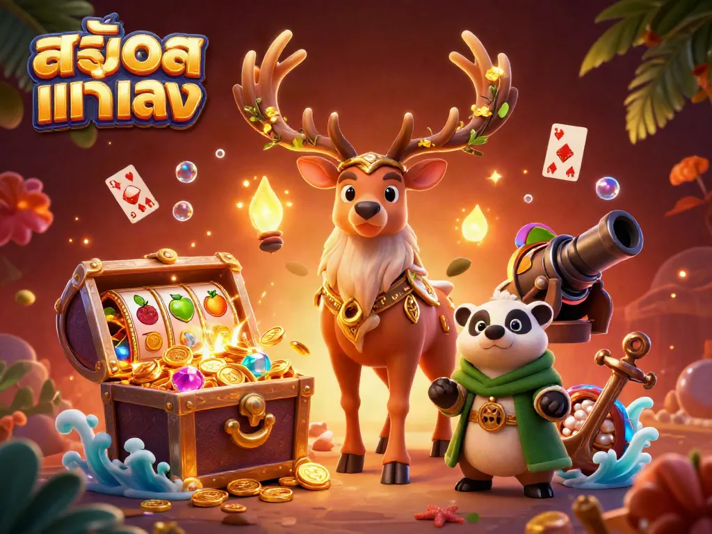 Experience the thrill of สล็อตแท้ตรง with colorful gems and dynamic gaming elements in this vibrant illustration.