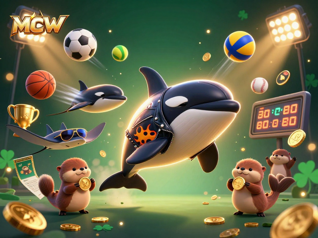 Experience thrilling gaming with MCW as an orca leaps alongside a stingray and otters in a vibrant casino scene.