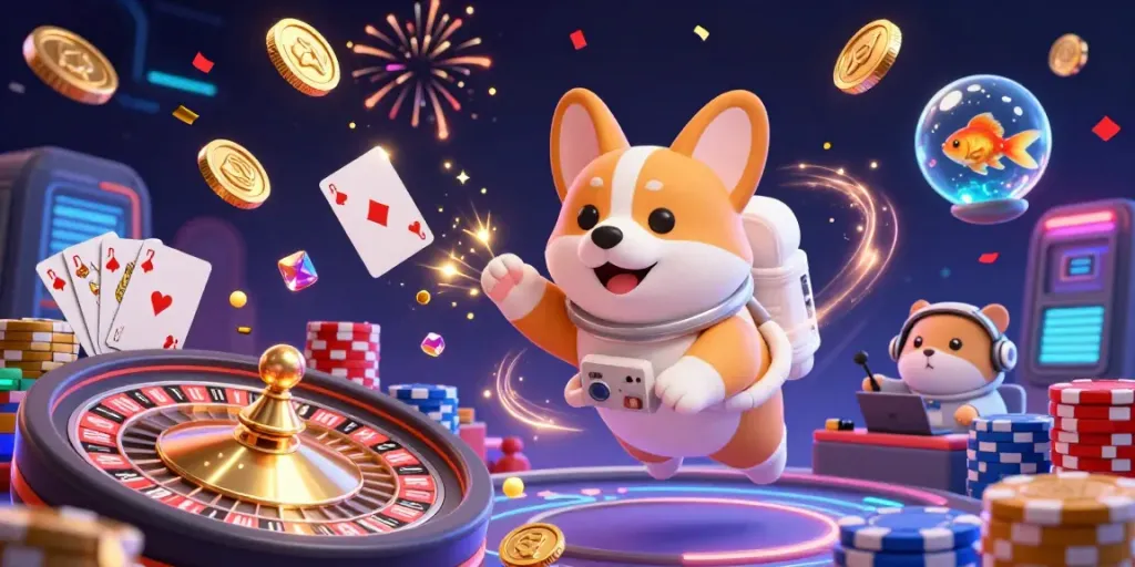 Experience the vibrant action of mubet in a bustling space casino with floating poker chips and joyful characters.