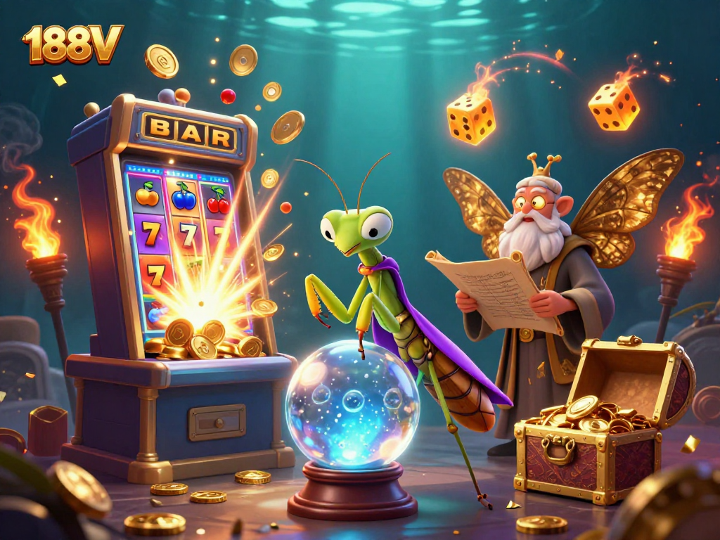 Experience the magic of 188V with a vibrant 3D illustration of casino elements and fortune tellers.