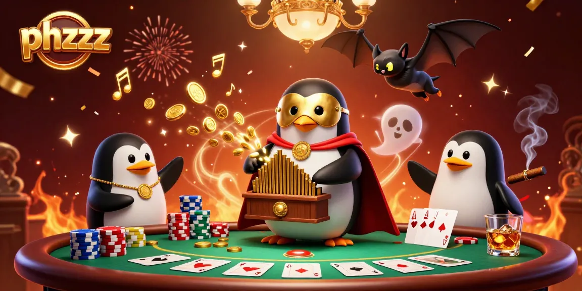 Experience excitement at phzzz casino with a penguin playing organ and golden coins raining down.