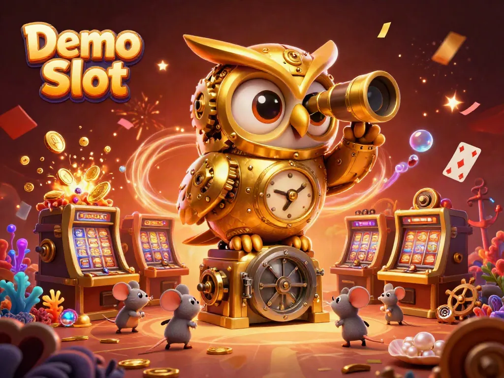 Engage with Demo Slot gaming as a golden owl oversees exciting copper slots amidst vibrant casino elements.