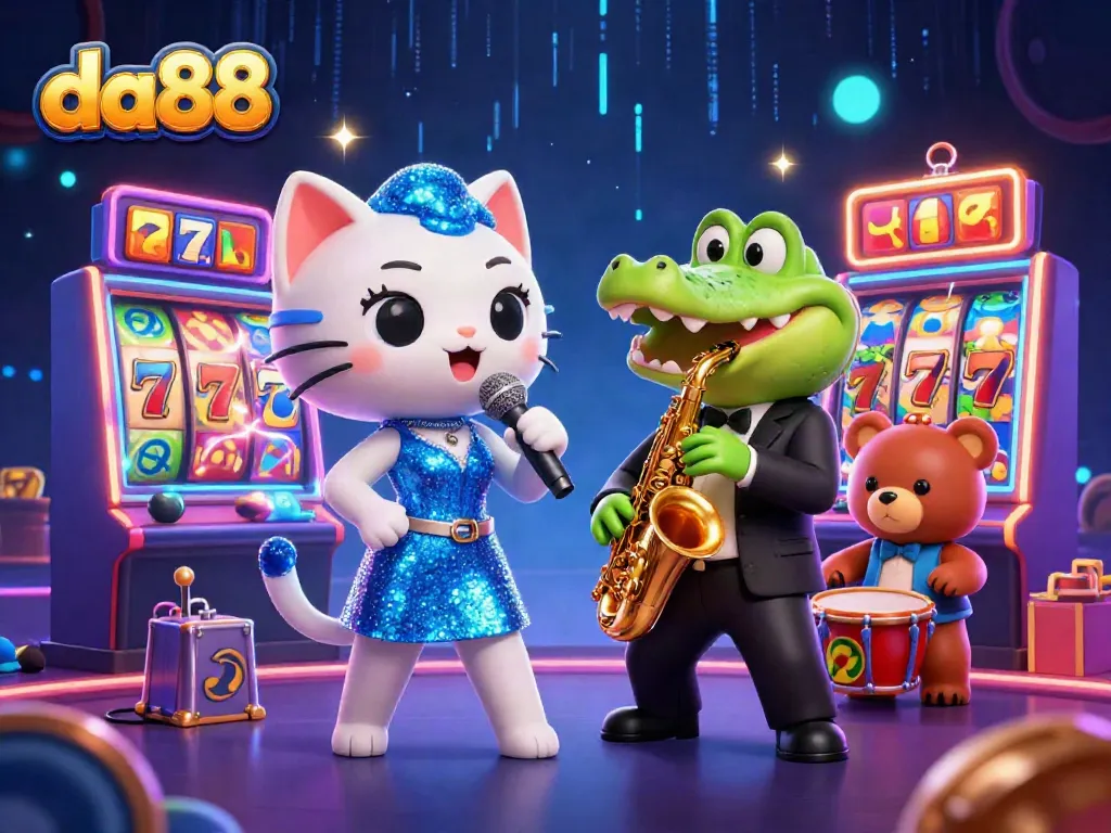 Join the fun at da88 with a lively casino scene featuring musical characters and vibrant slot elements.