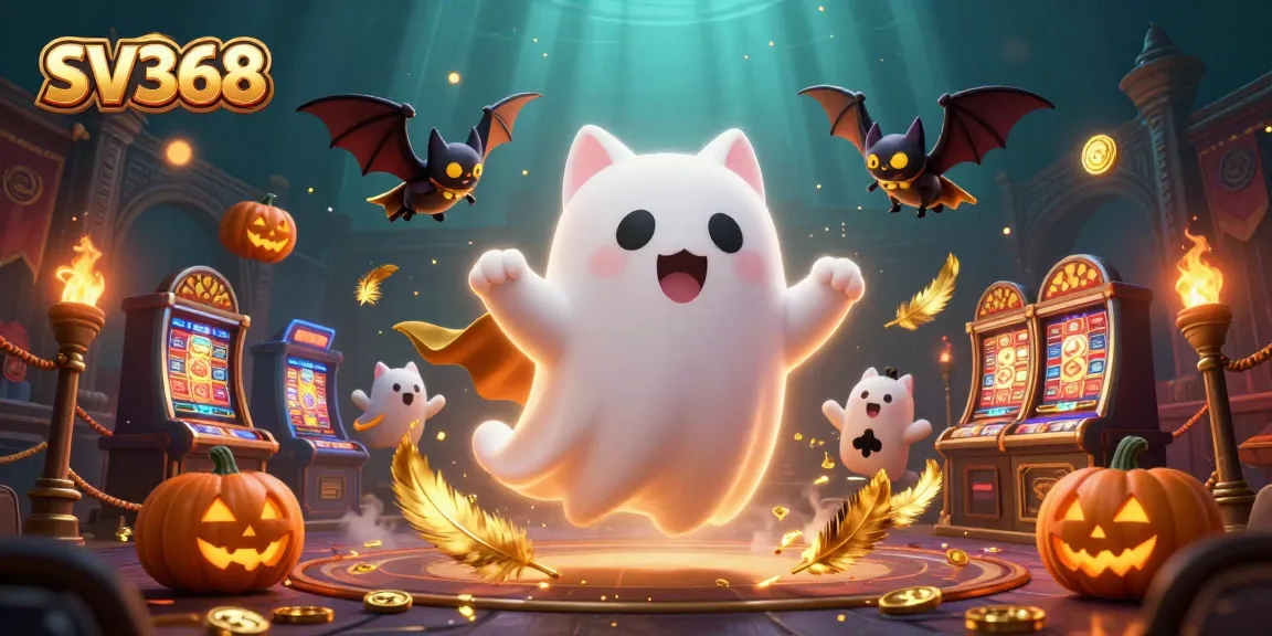 Experience the thrill of SV368's casino adventures with a friendly ghost cat and vampire bat!