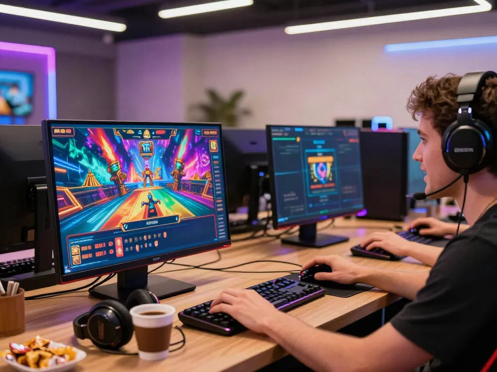 A80 online gaming scene depicting a player enjoying a vibrant slot game with immersive graphics and gaming accessories.