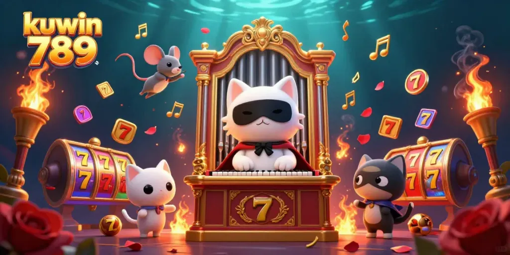 Spin the reels at kuwin 789, where a whimsical cat guides players through a vibrant casino adventure.
