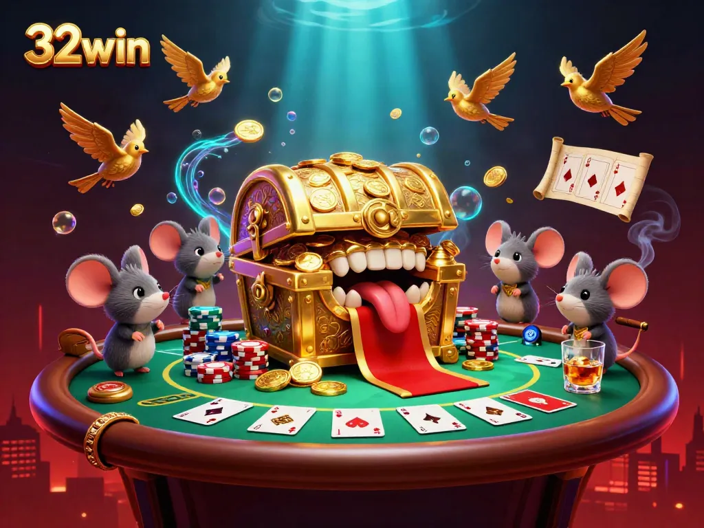 Engage with 32win's thrilling casino adventure, featuring a treasure chest and poker elements.